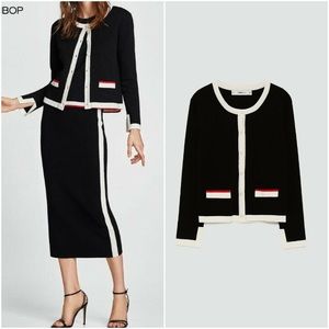 🩵 ZARA Black Cardigan w/ Faux Pearl Buttons with Matching Midi Skirt